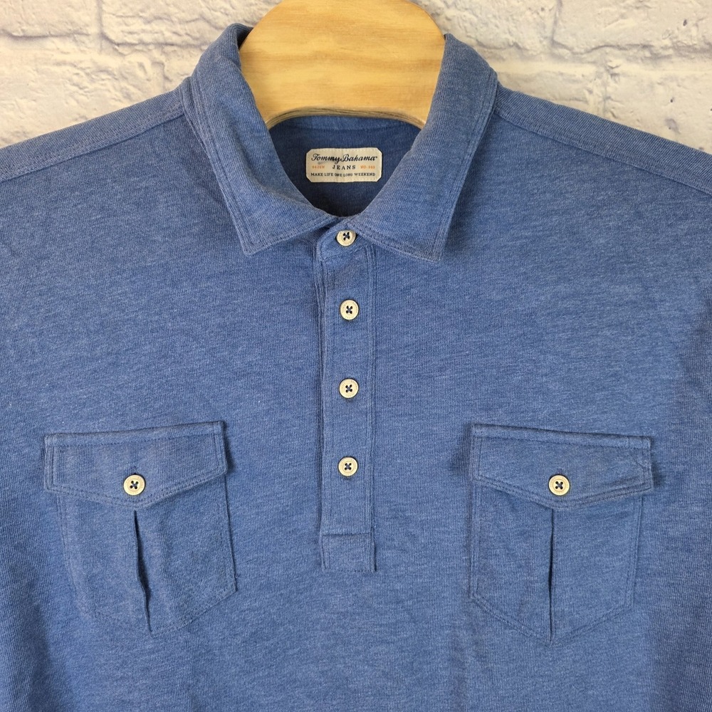 Tommy Bahama Jeans Men Penn Cove Polo Blue‎ Long Sleeve 2 Pockets Shirt Size 2XL